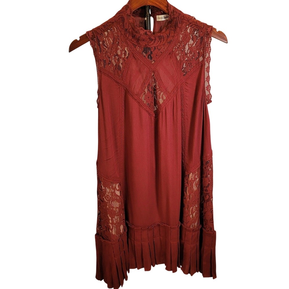 Gentle Fawn Lace Yoke Mini Dress Small S Burgundy Pleated Hem Romantic Boho Goth